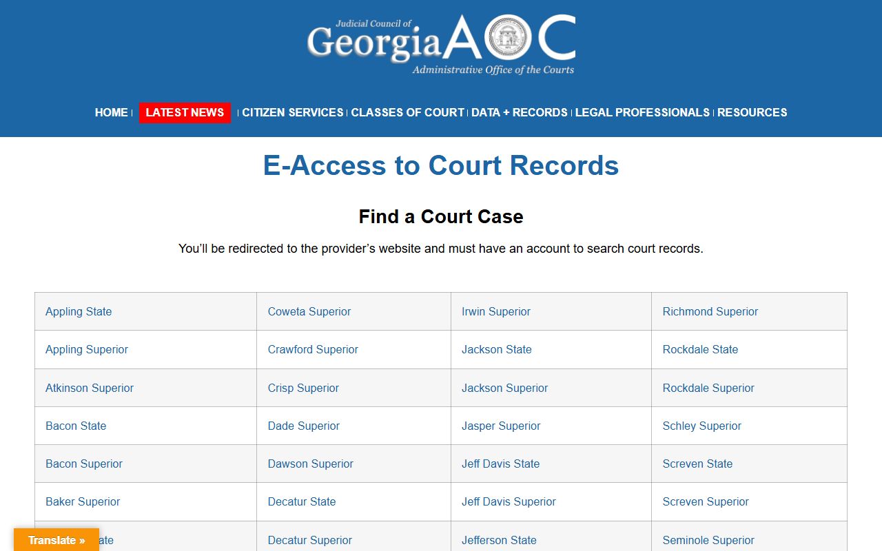Georgia Courts e-access routing page for court records