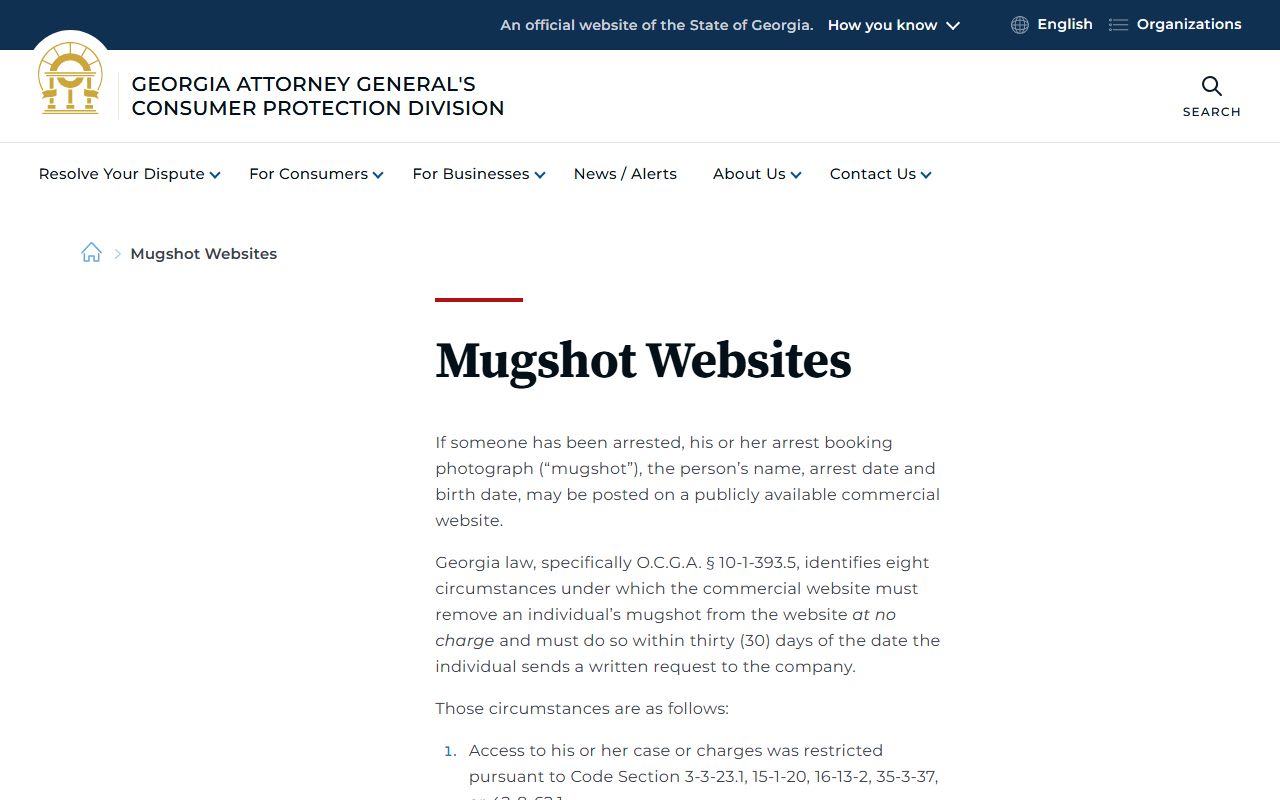 Georgia Consumer Protection Division mugshot website removal guidance