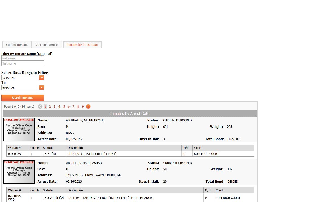 Burke County Jail inmate roster arrest date search