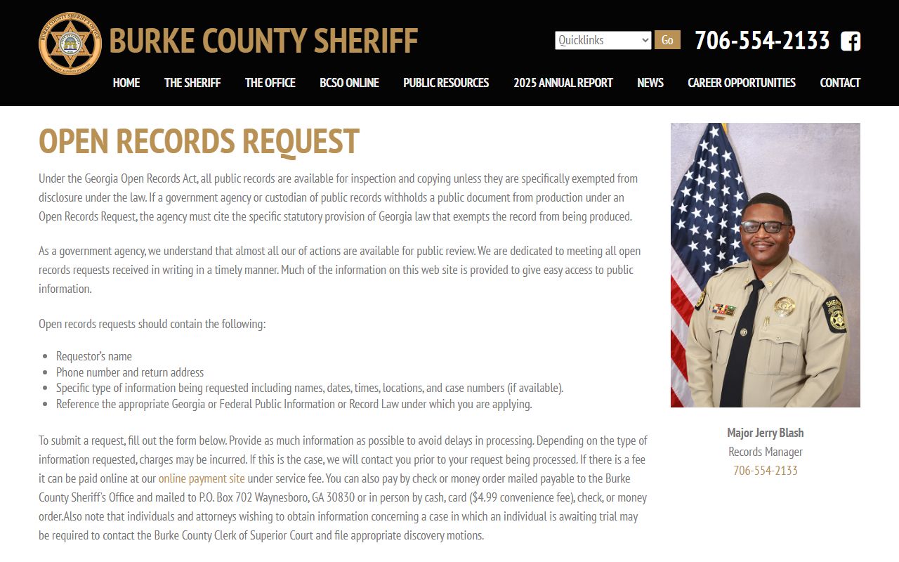Burke County Sheriff's Office open records request form for photos and inmate records