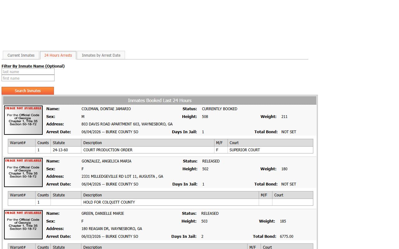 Burke County inmate records 24 hour arrests roster